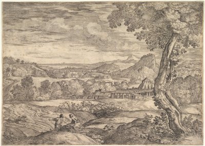 Landschap met een baksteenfabriek op de achtergrond, een staande man op de voorgrond, 1626-80 door Giovanni Francesco Grimaldi