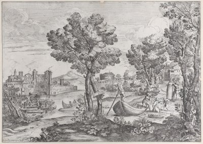 Landschap met een man die een slang vasthoudt voor een doodsbang kind, bekeken door een modieus geklede, 1626-80 door Giovanni Francesco Grimaldi