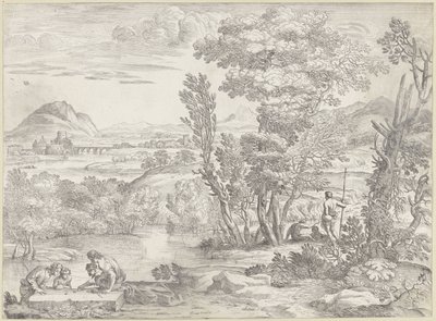 Landschap met vier dobbelaars door Giovanni Francesco Grimaldi