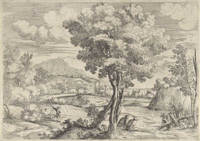 Landschap met vogel op boomstronk door Giovanni Francesco Grimaldi