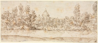 Rivierlandschap met uitzicht op de Sint-Pietersbasiliek door Giovanni Francesco Grimaldi