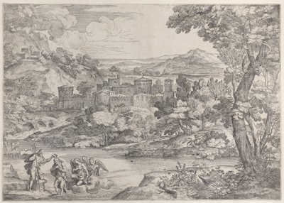 De doop van Christus linksonder, binnen een landschap, 1626-80 door Giovanni Francesco Grimaldi