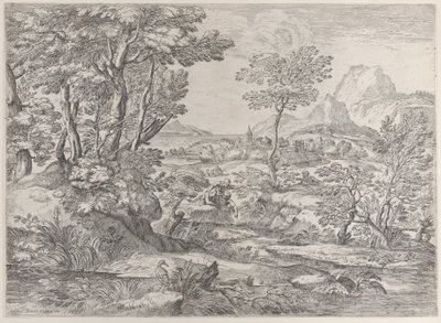 Drie jongens in een landschap met een stad op de achtergrond, 1626-80 door Giovanni Francesco Grimaldi