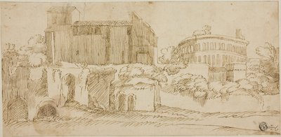 Uitzicht op kerk en ruïnes door Giovanni Francesco Grimaldi