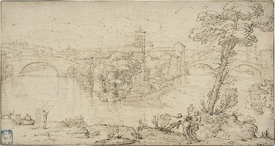 Uitzicht op Isola Tiberina door Giovanni Francesco Grimaldi