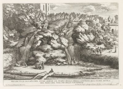 Landschap met cascade en Tempel van de Tiburtijnse Sibille te Tivoli door Giovanni Francesco Venturini