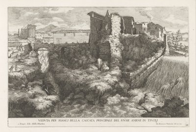 Landschap met waterval en tempel van de Tiburtijnse Sibille te Tivoli door Giovanni Francesco Venturini