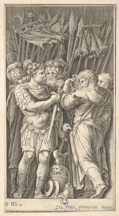Soldaten, een frontaal getoond en met een zwaard, rechts een soldaat met zijn rug... door Giovanni Francesco Venturini