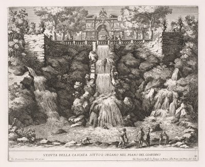 De fonteinen van Rome, Boek IV, plaat 21: Uitzicht op de waterval onder het orgel vanuit de tuin door Giovanni Francesco Venturini