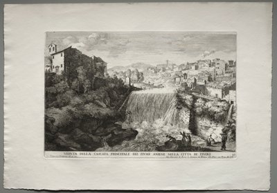 De fonteinen van Rome, Boek IV, plaat 27: Uitzicht op de belangrijkste waterval van de rivier Aniene in de stad Tivoli door Giovanni Francesco Venturini
