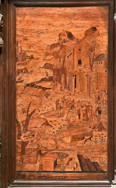 Genua, Duomo (Sint-Laurenskathedraal), binnen, apsis, koor, noordzijde: "Mozes gered uit het water", houtintarsia door Giovanni Francesco Zambelli (16e eeuw) door Giovanni Francesco Zambelli