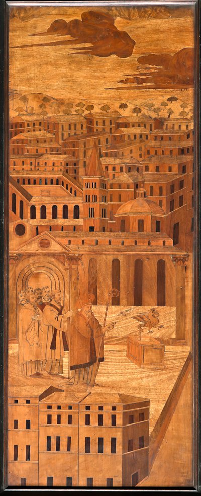 Genua, Duomo (Sint-Laurenskathedraal), binnen, apsis, koor, noordzijde: "Sint-Syrus verjaagt de basilisk", houtintarsia door Anselmo De