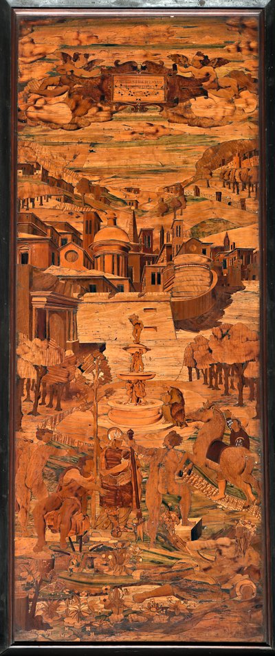 Genua, Duomo (Sint-Laurenskathedraal), binnen, apsis, koor, zuidzijde: "Allegorie", houtintarsia door Giovanni Francesco Zambelli (16e eeuw) door Giovanni Francesco Zambelli