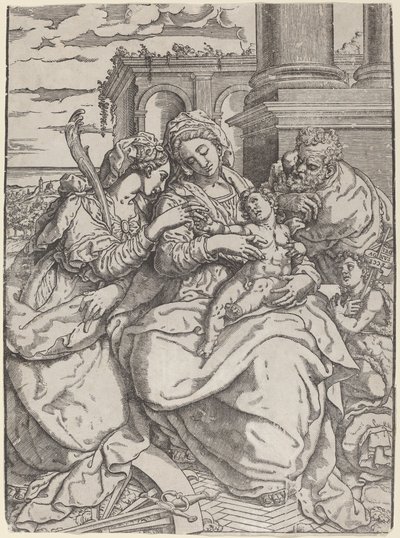 Madonna en kind met Sint-Catharina door Giovanni Gallo after Marco Pino
