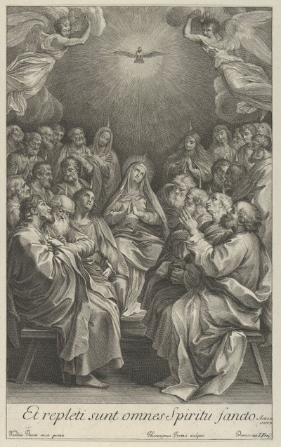 De Maagd met apostelen die naar de Heilige Duif en twee engelen kijken, naar Reni door Giovanni Girolamo Frezza