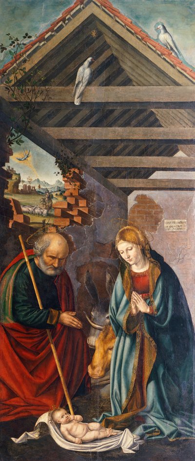 Aanbidding van het Kind, centraal paneel van drieluik met Geboorte met Heiligen Franciscus en Bartholomeus met twee schenkers door Giovanni Girolamo Savoldo