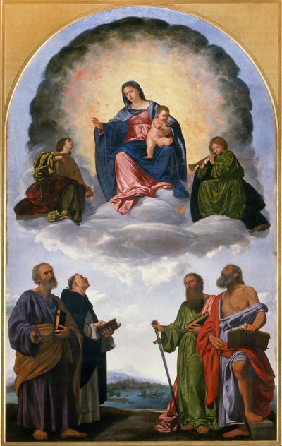 Madonna in glorie met het Christuskind, twee engelenmuzikanten, St. Peter, St. Dominic, St. Paul en St. Jerome (Pesaro Altaarstuk) door Giovanni Girolamo Savoldo