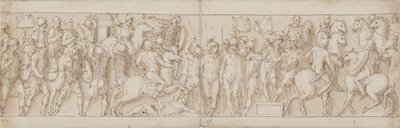 Een Sarmatisch dorp wordt vernietigd onder de ogen van de keizer (XCVIII en begin van IC); barbaren kijken toe vanaf een tribune (CVI); Marcus Aurelius ontvangt een Duitse boodschapper te paard (CVII) door Giovanni Guerra