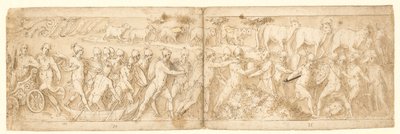 Barbaarse vluchtelingen en hun dieren worden uit hun schuilplaats gehaald; linksboven het einde van een cartouche met een scroll door Giovanni Guerra