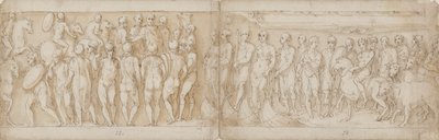 Barbaren begroeten de keizer (CXIV); Duitsers en Sarmaten worden per schip over de Donau gebracht (anders geïnterpreteerd door Guerra; CXV) door Giovanni Guerra