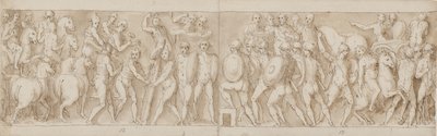 Einde van een mars door de keizer met zijn legionairs en bewakers (einde van XCIII); de Romeinen bouwen een kamp (begin van XCIV); de Romeinen op mars met de keizer (XXXV / XXXVI) door Giovanni Guerra