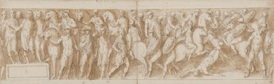 Marcus Aurelius ontvangt een rapport over de gevangenneming van de vrouwen (LXXXVI); Marcus Aurelius arriveert van een mars (LXXXVII); een Germaanse leider wordt weggevoerd (LXXXVIII); de laatste mannen van de leider vallen (van een brug die Guerra niet he door Giovanni Guerra