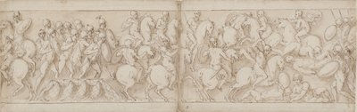 Marcus Aurelius vertrekt over een kade met infanterie en cavalerie (CVIII); de Sarmaten worden teruggedrongen door oprukkende Romeinen (CIX) door Giovanni Guerra