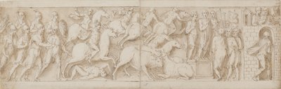 Romeinse boogschutters(?), Romeinse aanval (XCIX); Marcus Aurelius spreekt zijn bewakers toe (C); Marcus Aurelius ontvangt een waarschuwing (CI) door Giovanni Guerra