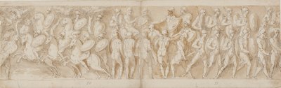 Romeinse cavalerie; een afgehakt hoofd en een Duitse gevangene worden voor de keizer gebracht; Romeinen in opmars door Giovanni Guerra