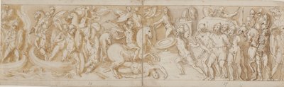 Romeinse soldaten steken een rivier over in boten (grotendeels restauratie; XXXIV)2; een vechtende Romeinse soldaat (van het einde van XXIV); Romeinse bewakers brengen barbaarse gevangenen voor de keizer (weggelaten in de tekening; einde van XXV); begin va door Giovanni Guerra