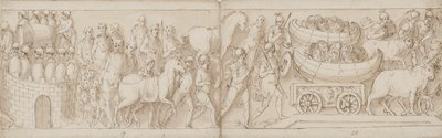 De belegerde Romeinen ontvangen versterkingen van de andere kant, de Romeinen op mars met de keizer; schilden in boten worden over een brug getrokken op ossenwagens door Giovanni Guerra