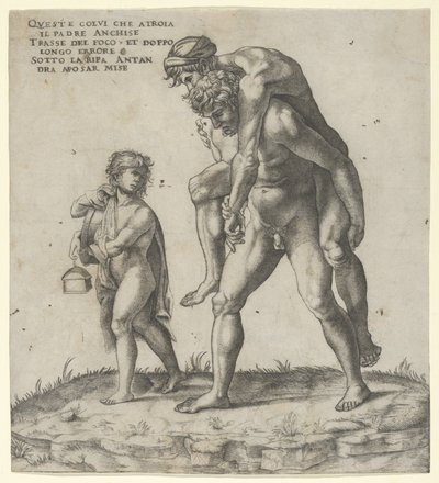 Aeneas redt Anchises, een jonge jongen draagt een lantaarn links door Giovanni Jacopo Caraglio