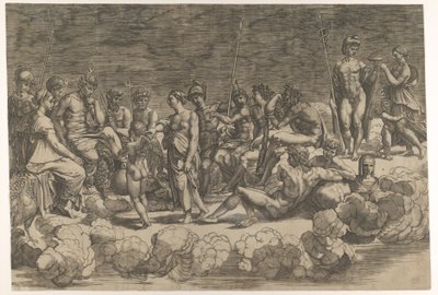 Vergadering van de Goden na de plafondcompositie in de Loggia di Psiche, Villa Farnesina..., 1527 door Giovanni Jacopo Caraglio