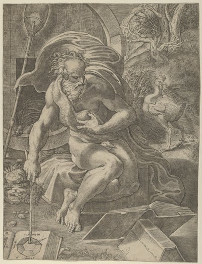Diogenes zittend met zijn vat achter zich, en een boek lezend terwijl hij een stok vasthoudt door Giovanni Jacopo Caraglio