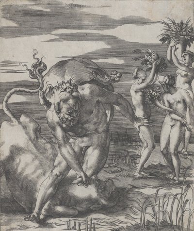 Hercules verslaat de riviergod Achelous in de vorm van een stier, met drie vrouwen door Giovanni Jacopo Caraglio