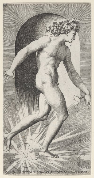 Apollo rijdt zijn wagen in een nis, naar rechts gericht, uit een serie mythologische... door Giovanni Jacopo Caraglio