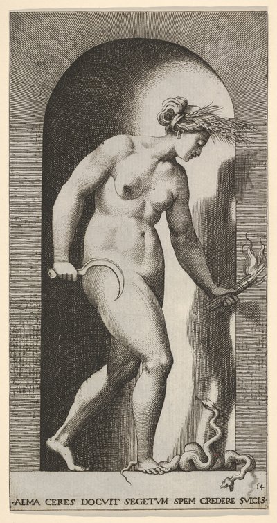 Plaat 14: Ceres in een nis, naar rechts gericht, staand boven een tweehoofdige slang en een h... door Giovanni Jacopo Caraglio