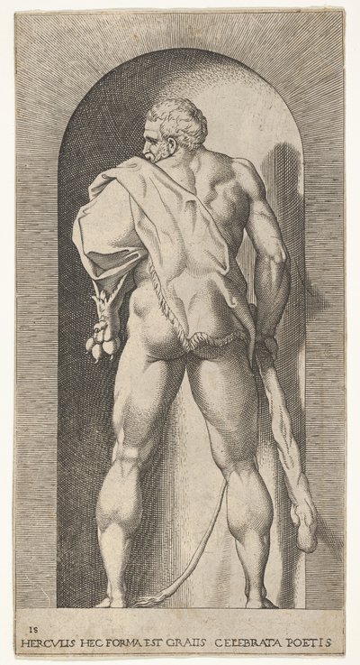 Plaat 15: Hercules staand in een nis, gekleed in een leeuwenhuid en een knots vasthoudend, gezien van... door Giovanni Jacopo Caraglio