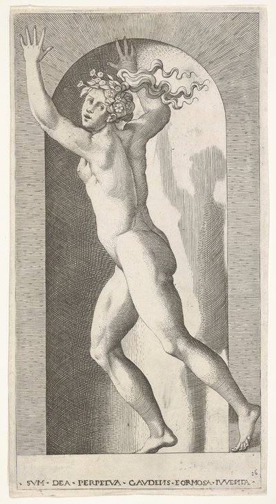 Hebe in een nis met haar handen in de lucht, rennend naar links terwijl ze kijkt naar... door Giovanni Jacopo Caraglio
