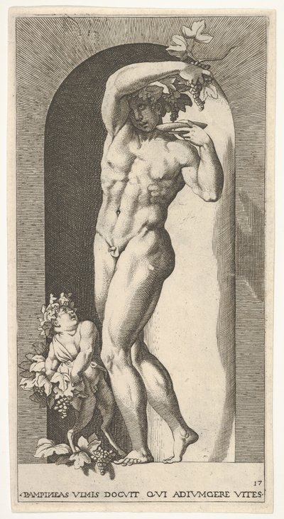 Bacchus staande in een nis, druiven houdend boven een bord, vergezeld door een kind door Giovanni Jacopo Caraglio