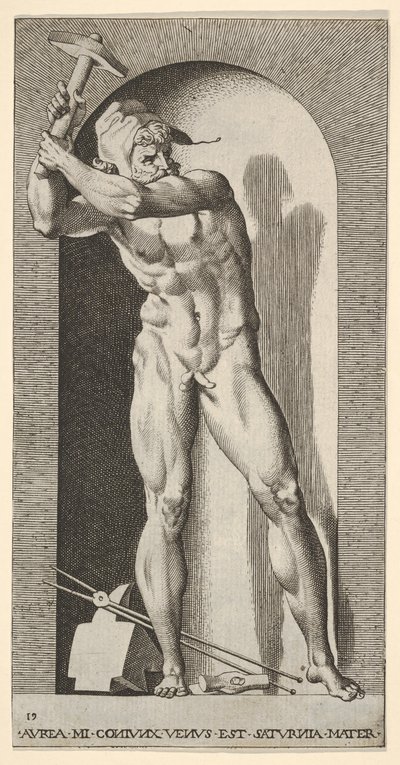 Plaat 19: Vulcanus staande in een nis zwaaiend met een hamer, met een aambeeld, hamer en tangen door Giovanni Jacopo Caraglio