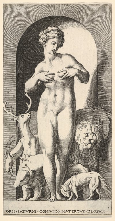 Plaat 2: Ops staand in een nis met haar handen op haar borsten, kijkend naar links door Giovanni Jacopo Caraglio
