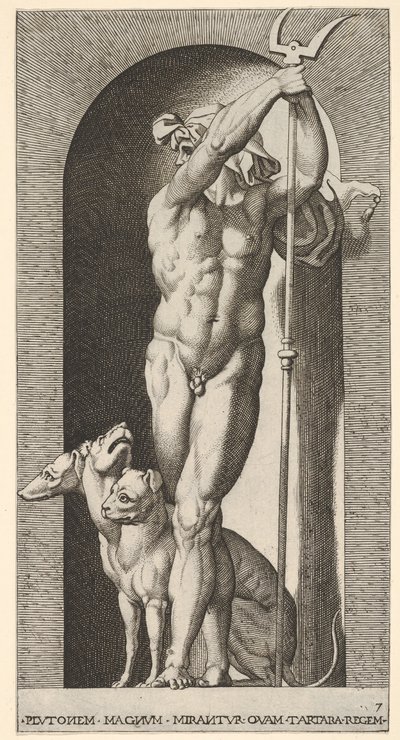 Pluto in een nis, met een tweetand, met Cerberus naast hem, uit een serie van m..., 1526 door Giovanni Jacopo Caraglio