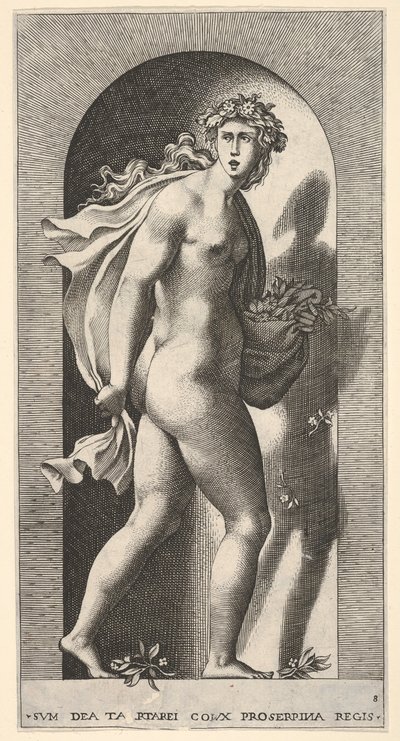 Proserpina, staand in een nis, naar rechts draaiend terwijl ze een mantel vasthoudt door Giovanni Jacopo Caraglio