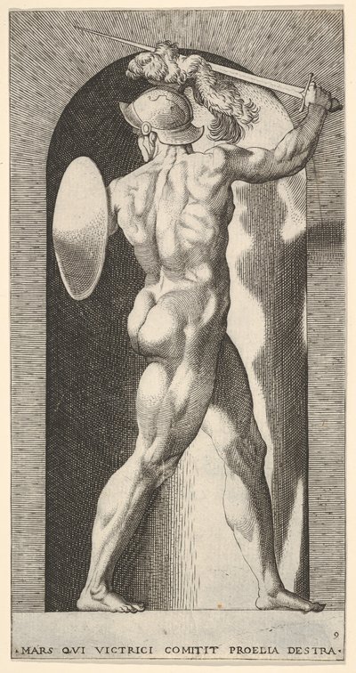 Mars in een nis, een zwaard boven zijn hoofd houdend met zijn rechterarm, en een schild door Giovanni Jacopo Caraglio