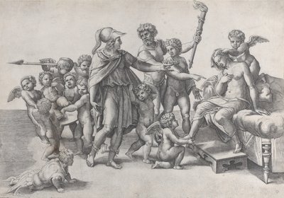 Het huwelijk van Alexander en Roxana, Alexander omringd door putti, biedt een kroon aan door Giovanni Jacopo Caraglio