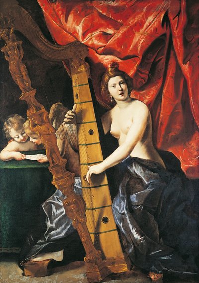 Venus speelt harp, Allegorie van Muziek door Giovanni Lanfranco
