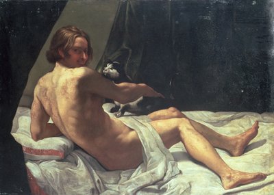 Jonge Man Liggend op een Bed met een Kat door Giovanni Lanfranco