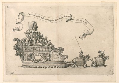 Een praalwagen in Reggio, Italië: "Carro trionfale della Compagnia di S. Rocco" (De Triomfwagen van de Compagnie van St. Roch). Plaat 2b uit A. Isacchi, "Relatione di Alfonso Isachi intorno l