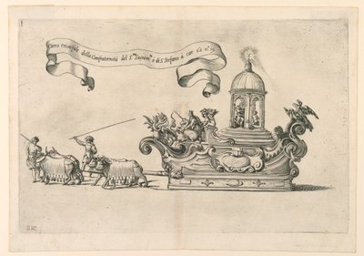 Een Pronkstuk in Reggio, Italië: "Carro trionfale della Confraternità del S.to Sacrame.to di S. Stefano" (De Triomfwagen van de Broederschap van het Heilig Sacrament van St. Stefanus). Plaat 2a uit A. Isacchi, "Relatione di Alfonso Isachi intorno l